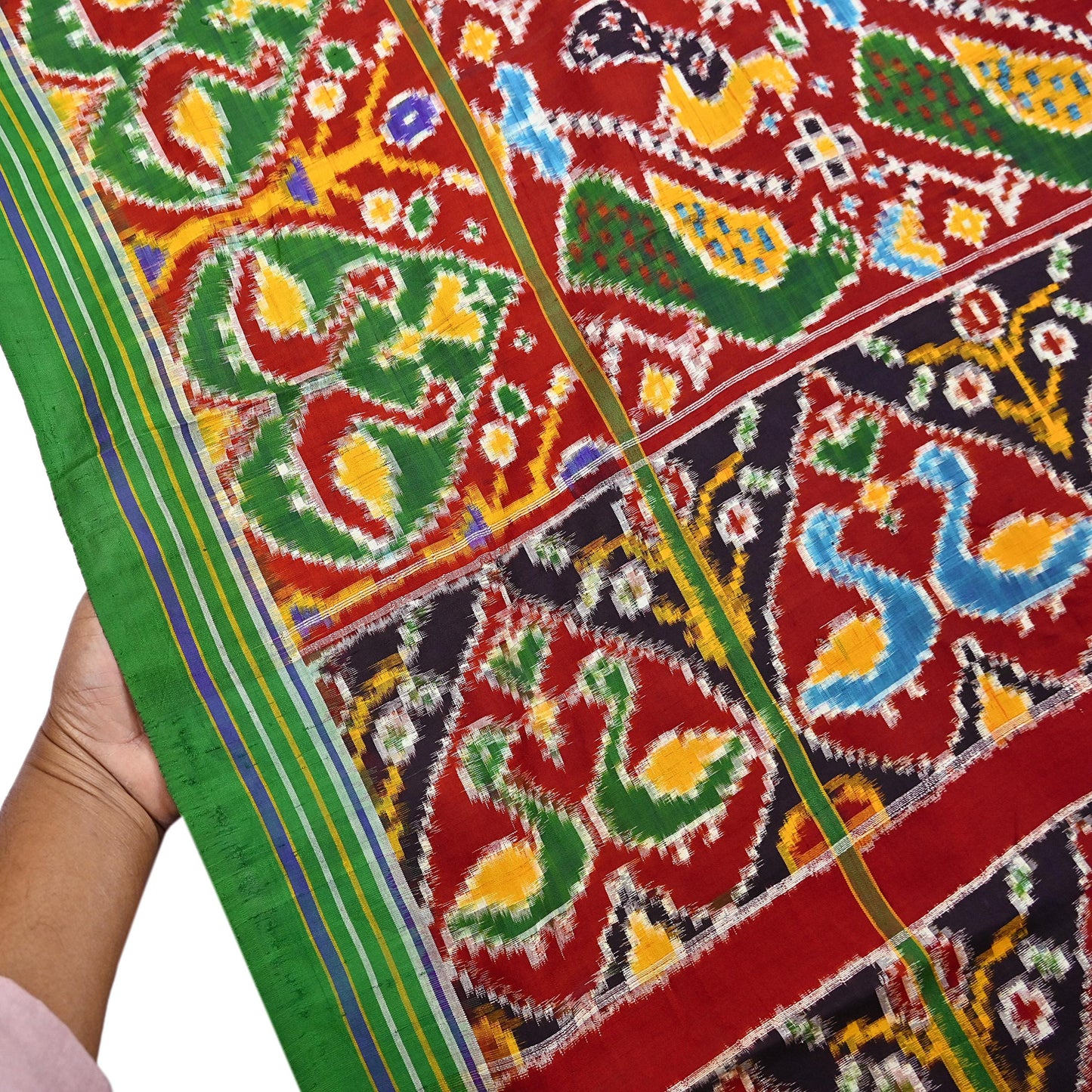 Antique Vintage Red & Green Sari Hand Woven Double Ikat Patan Patola Sarees 100% Pure Silk Craft Fabric 5Yd Dress Making Sewing For wearing