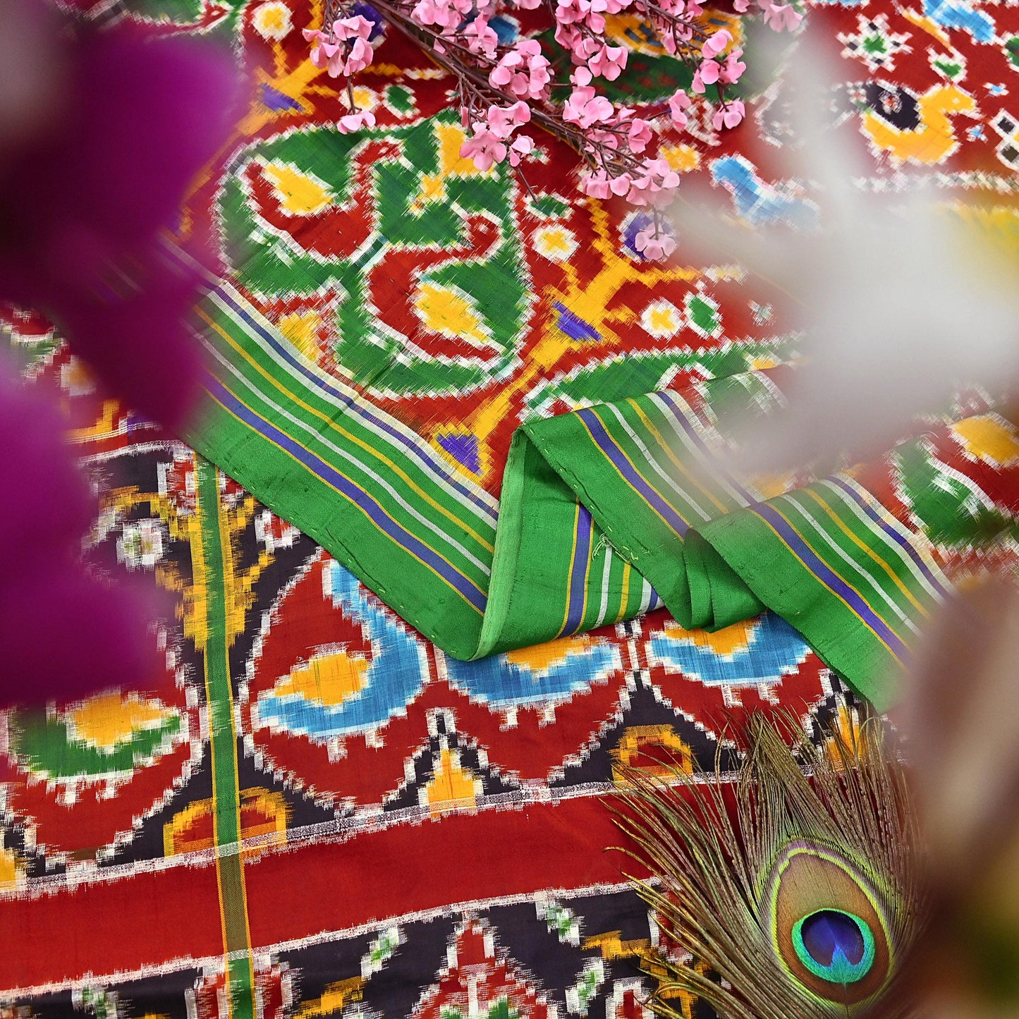 Antique Vintage Red & Green Sari Hand Woven Double Ikat Patan Patola Sarees 100% Pure Silk Craft Fabric 5Yd Dress Making Sewing For wearing