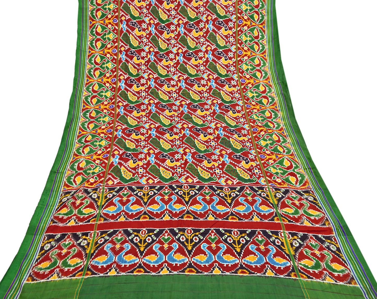 Antique Vintage Red & Green Sari Hand Woven Double Ikat Patan Patola Sarees 100% Pure Silk Craft Fabric 5Yd Dress Making Sewing For wearing