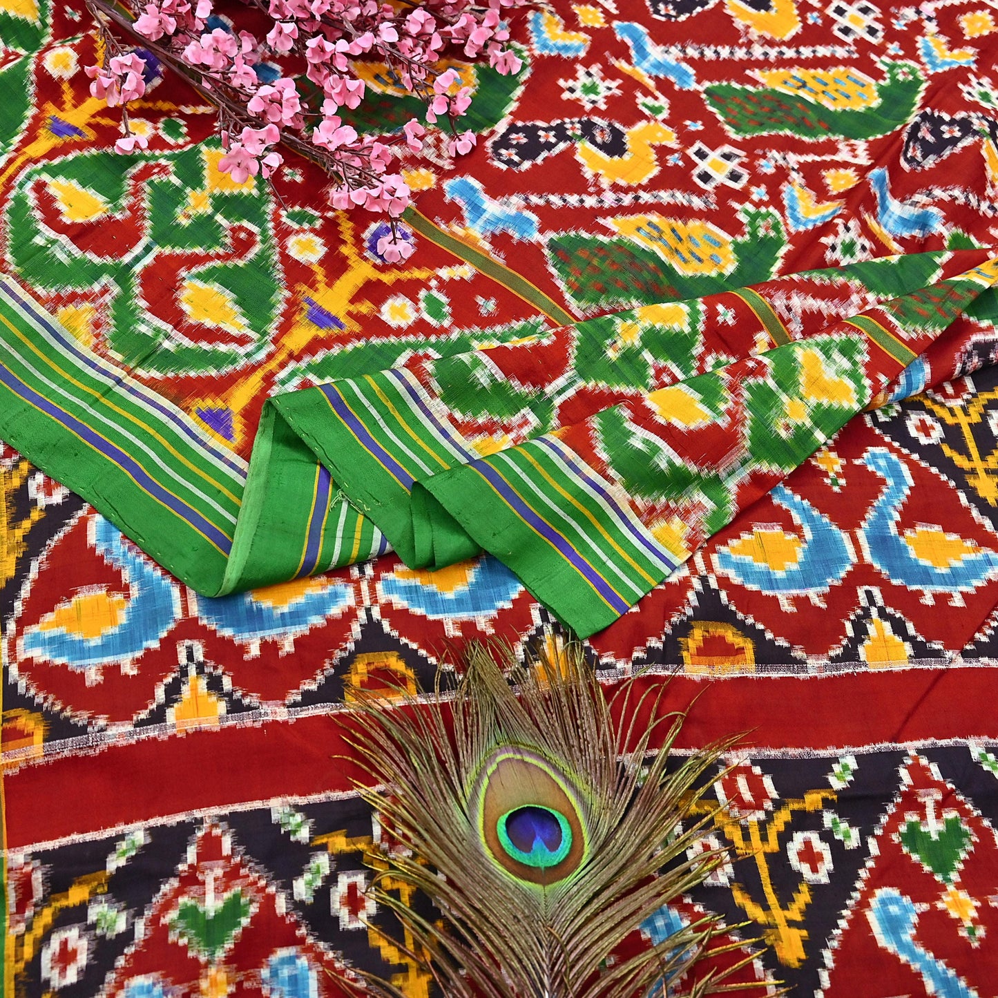 Antique Vintage Red & Green Sari Hand Woven Double Ikat Patan Patola Sarees 100% Pure Silk Craft Fabric 5Yd Dress Making Sewing For wearing