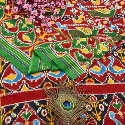 Antique Vintage Red & Green Sari Hand Woven Double Ikat Patan Patola Sarees 100% Pure Silk Craft Fabric 5Yd Dress Making Sewing For wearing