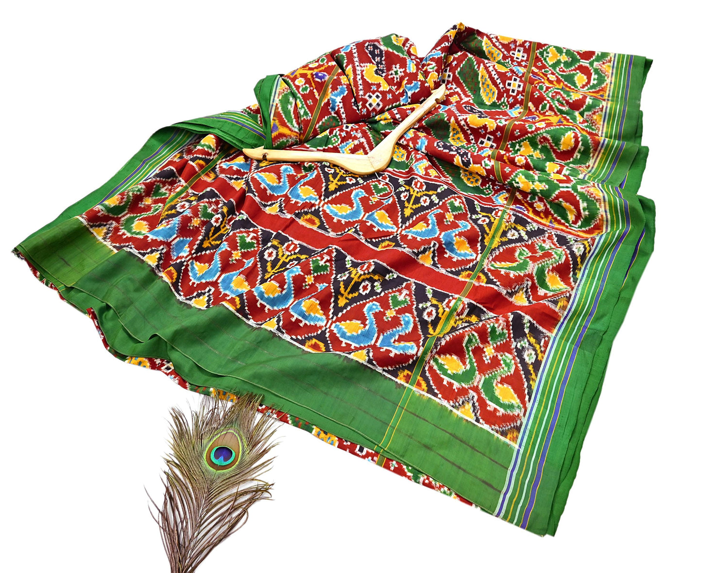 Antique Vintage Red & Green Sari Hand Woven Double Ikat Patan Patola Sarees 100% Pure Silk Craft Fabric 5Yd Dress Making Sewing For wearing