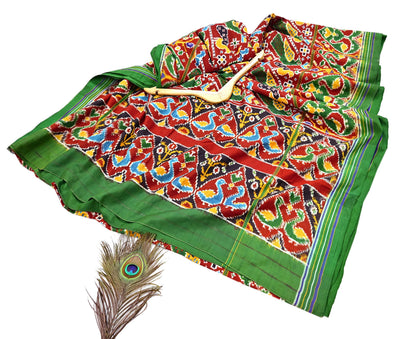 Antique Vintage Red & Green Sari Hand Woven Double Ikat Patan Patola Sarees 100% Pure Silk Craft Fabric 5Yd Dress Making Sewing For wearing