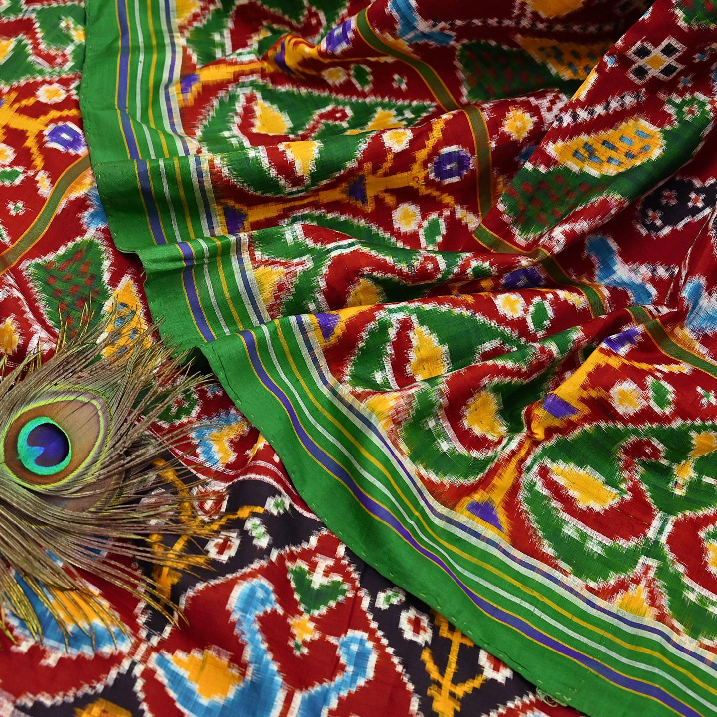 Antique Vintage Red & Green Sari Hand Woven Double Ikat Patan Patola Sarees 100% Pure Silk Craft Fabric 5Yd Dress Making Sewing For wearing