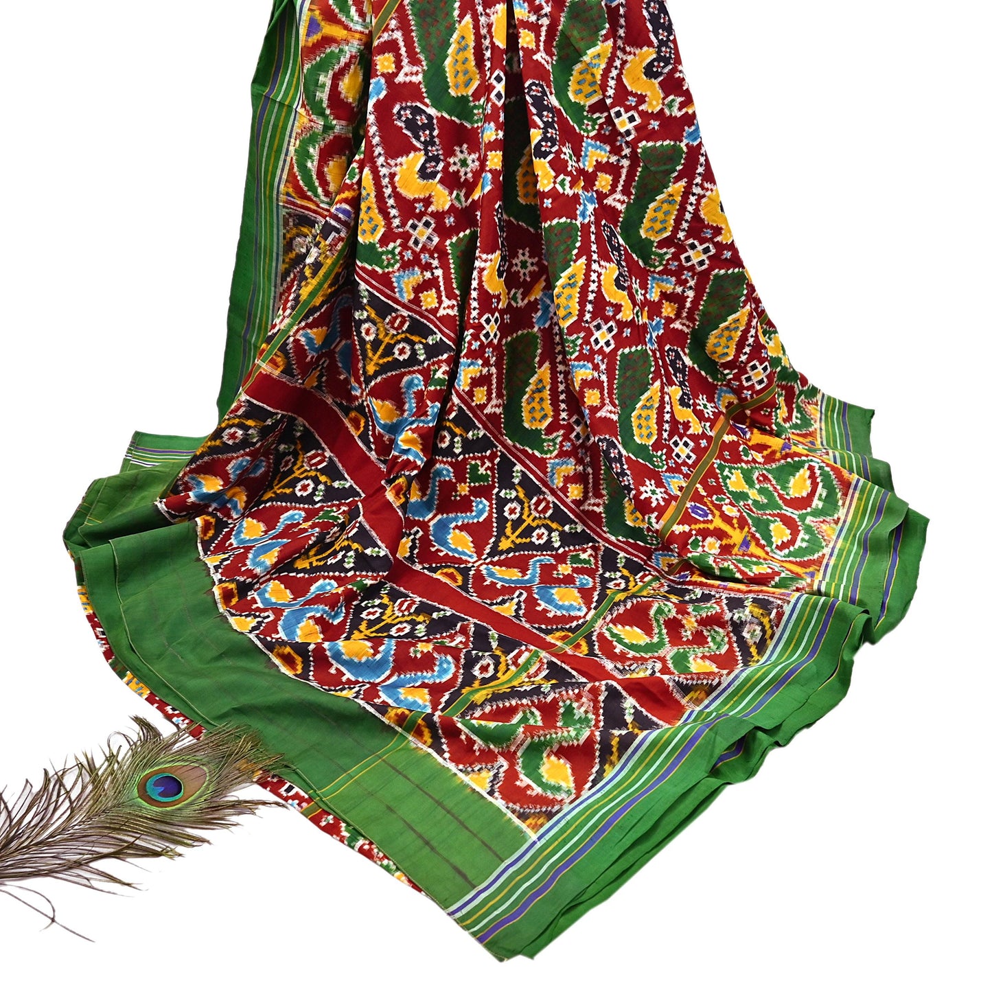 Antique Vintage Red & Green Sari Hand Woven Double Ikat Patan Patola Sarees 100% Pure Silk Craft Fabric 5Yd Dress Making Sewing For wearing
