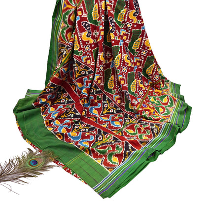 Antique Vintage Red & Green Sari Hand Woven Double Ikat Patan Patola Sarees 100% Pure Silk Craft Fabric 5Yd Dress Making Sewing For wearing