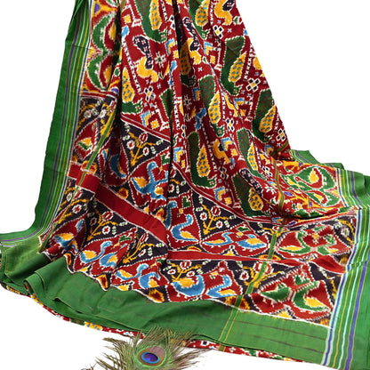 Antique Vintage Red & Green Sari Hand Woven Double Ikat Patan Patola Sarees 100% Pure Silk Craft Fabric 5Yd Dress Making Sewing For wearing