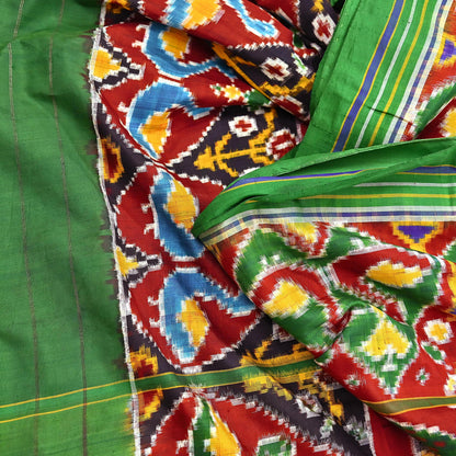 Antique Vintage Red & Green Sari Hand Woven Double Ikat Patan Patola Sarees 100% Pure Silk Craft Fabric 5Yd Dress Making Sewing For wearing