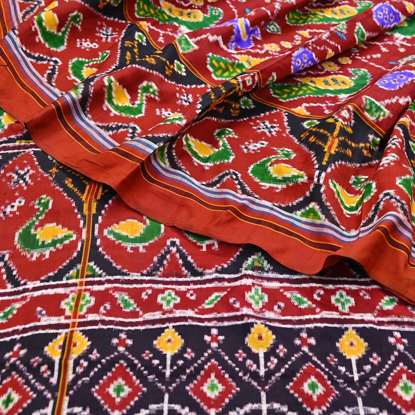 Antique Vintage Red Sari Hand Woven Double Ikat Patan Patola Sarees 100% Pure Silk Craft Fabric 5Yd Dress Making Sewing For wearing