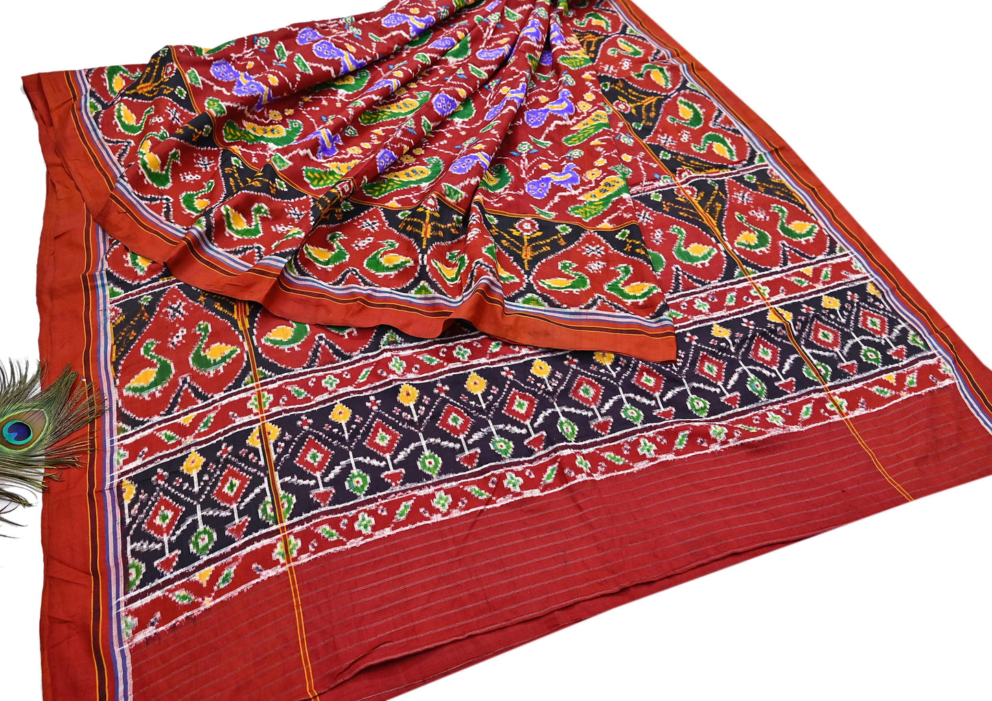 Antique Vintage Red Sari Hand Woven Double Ikat Patan Patola Sarees 100% Pure Silk Craft Fabric 5Yd Dress Making Sewing For wearing