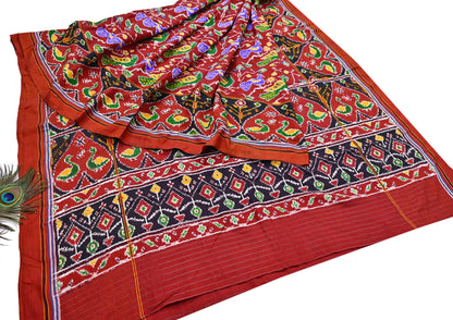 Antique Vintage Red Sari Hand Woven Double Ikat Patan Patola Sarees 100% Pure Silk Craft Fabric 5Yd Dress Making Sewing For wearing