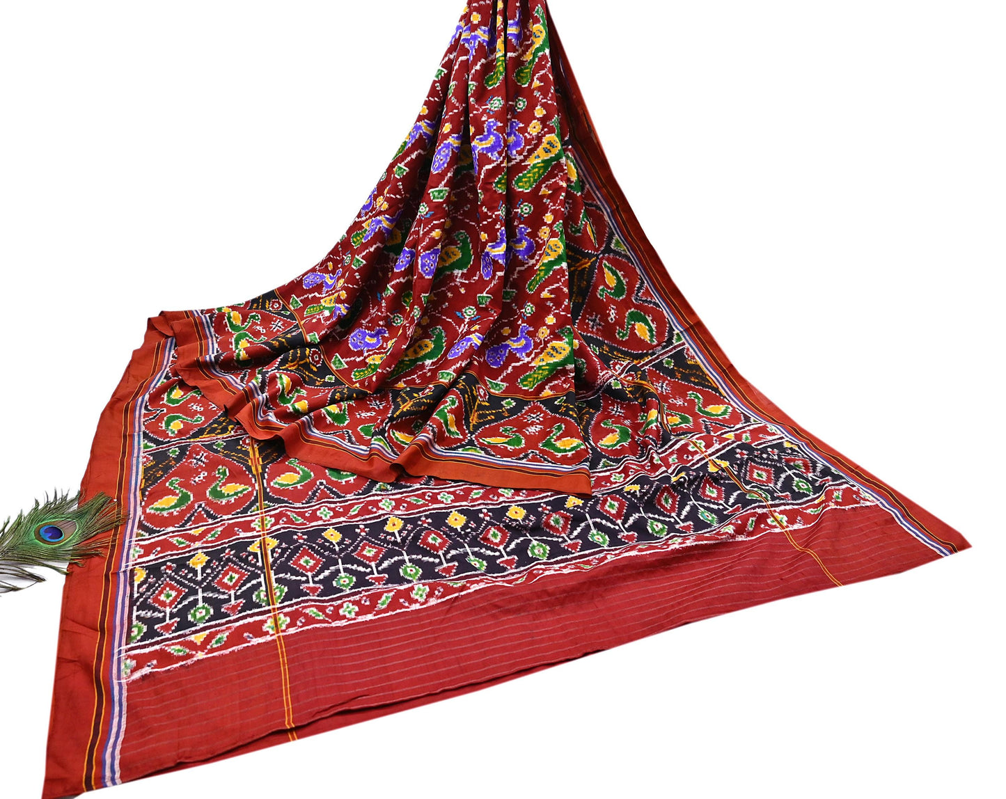 Antique Vintage Red Sari Hand Woven Double Ikat Patan Patola Sarees 100% Pure Silk Craft Fabric 5Yd Dress Making Sewing For wearing