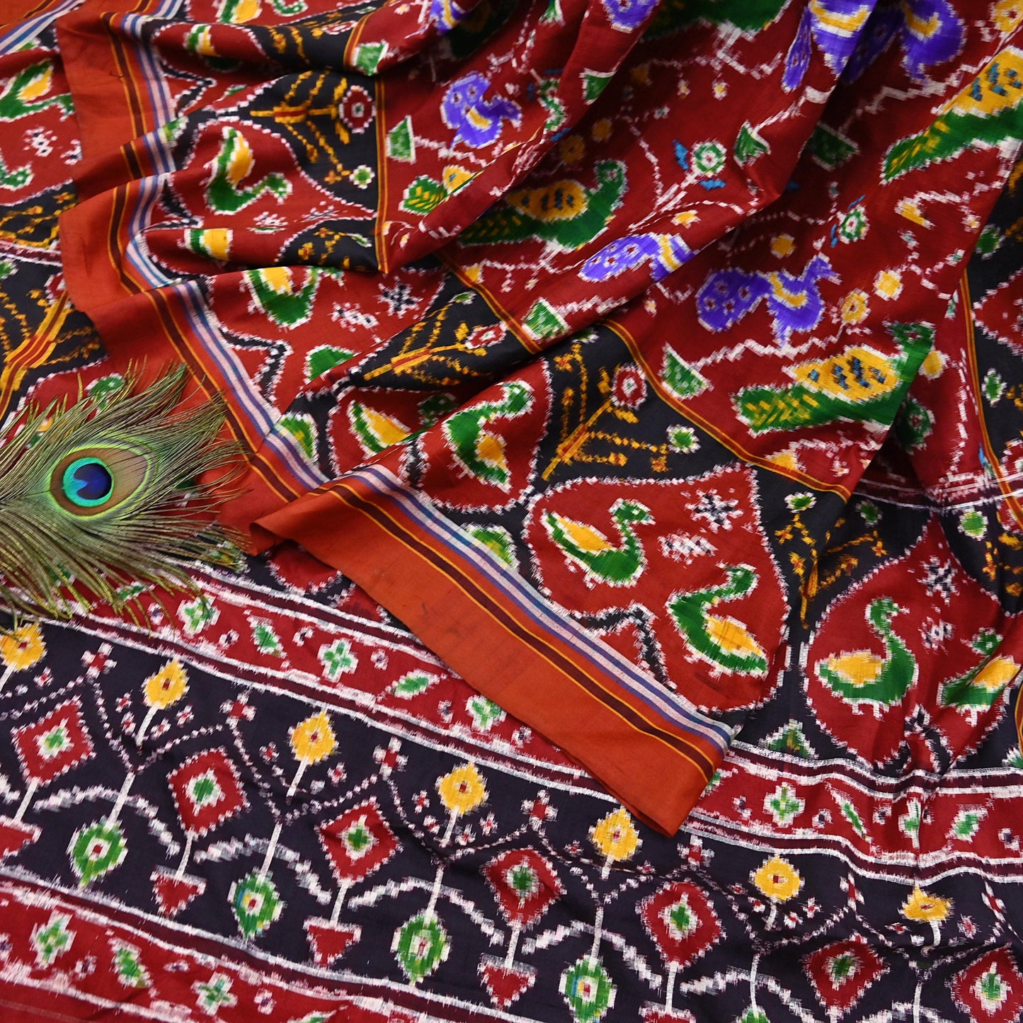 Antique Vintage Red Sari Hand Woven Double Ikat Patan Patola Sarees 100% Pure Silk Craft Fabric 5Yd Dress Making Sewing For wearing