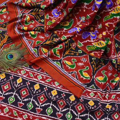 Antique Vintage Red Sari Hand Woven Double Ikat Patan Patola Sarees 100% Pure Silk Craft Fabric 5Yd Dress Making Sewing For wearing