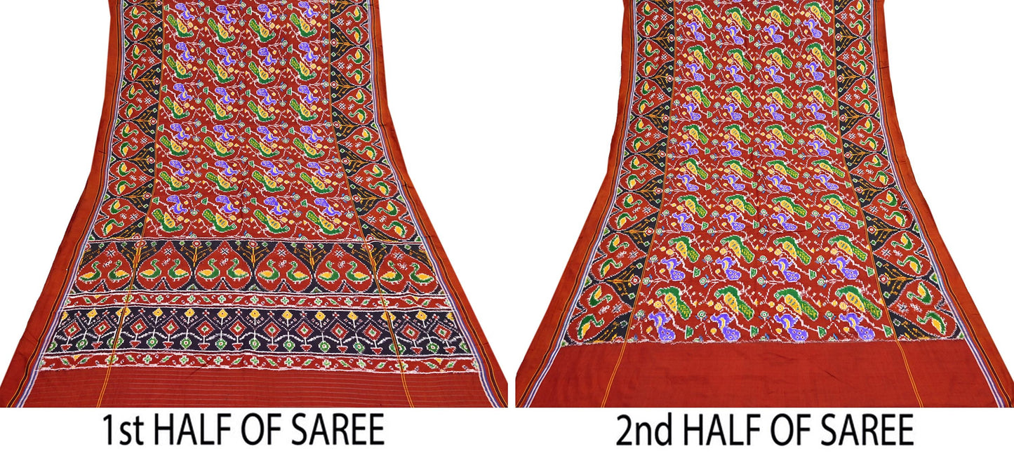 Antique Vintage Red Sari Hand Woven Double Ikat Patan Patola Sarees 100% Pure Silk Craft Fabric 5Yd Dress Making Sewing For wearing