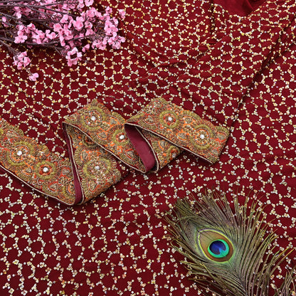 Indian Heavy Sari Maroon Pure Georgette Silk Hand Embroidered Sarees Designer Sabyasachi 6Yd Sewing Ethnic Bollywood party wear saree