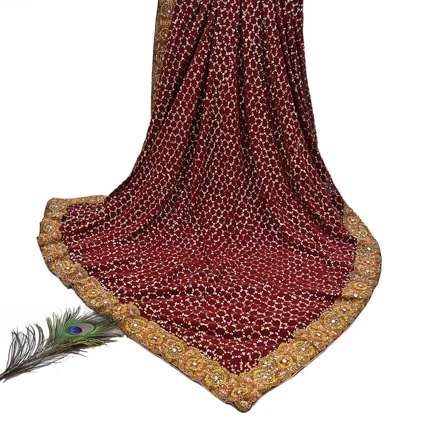 Indian Heavy Sari Maroon Pure Georgette Silk Hand Embroidered Sarees Designer Sabyasachi 6Yd Sewing Ethnic Bollywood party wear saree