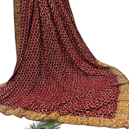 Indian Heavy Sari Maroon Pure Georgette Silk Hand Embroidered Sarees Designer Sabyasachi 6Yd Sewing Ethnic Bollywood party wear saree