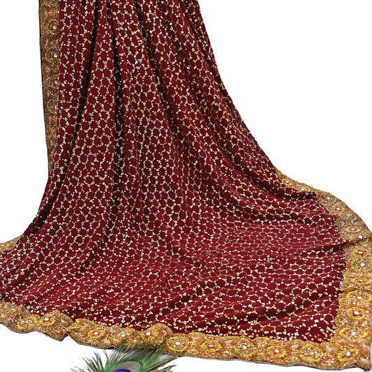 Indian Heavy Sari Maroon Pure Georgette Silk Hand Embroidered Sarees Designer Sabyasachi 6Yd Sewing Ethnic Bollywood party wear saree