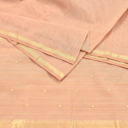 Indian Vintage Dupatta Peach Long Stole Printed Woven Chanderi Cotton Scarves Veil Golden Zari Soft Stripes Design