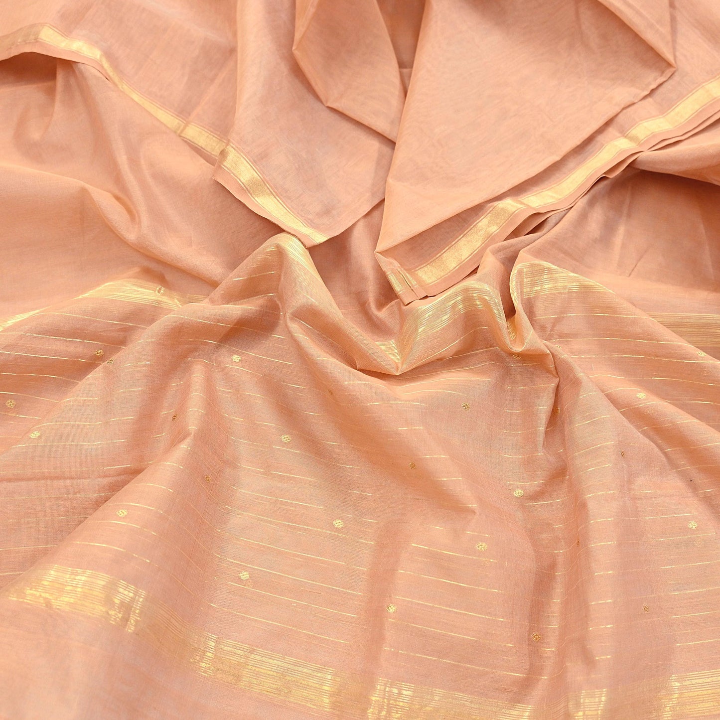 Indian Vintage Dupatta Peach Long Stole Printed Woven Chanderi Cotton Scarves Veil Golden Zari Soft Stripes Design