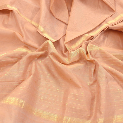 Indian Vintage Dupatta Peach Long Stole Printed Woven Chanderi Cotton Scarves Veil Golden Zari Soft Stripes Design