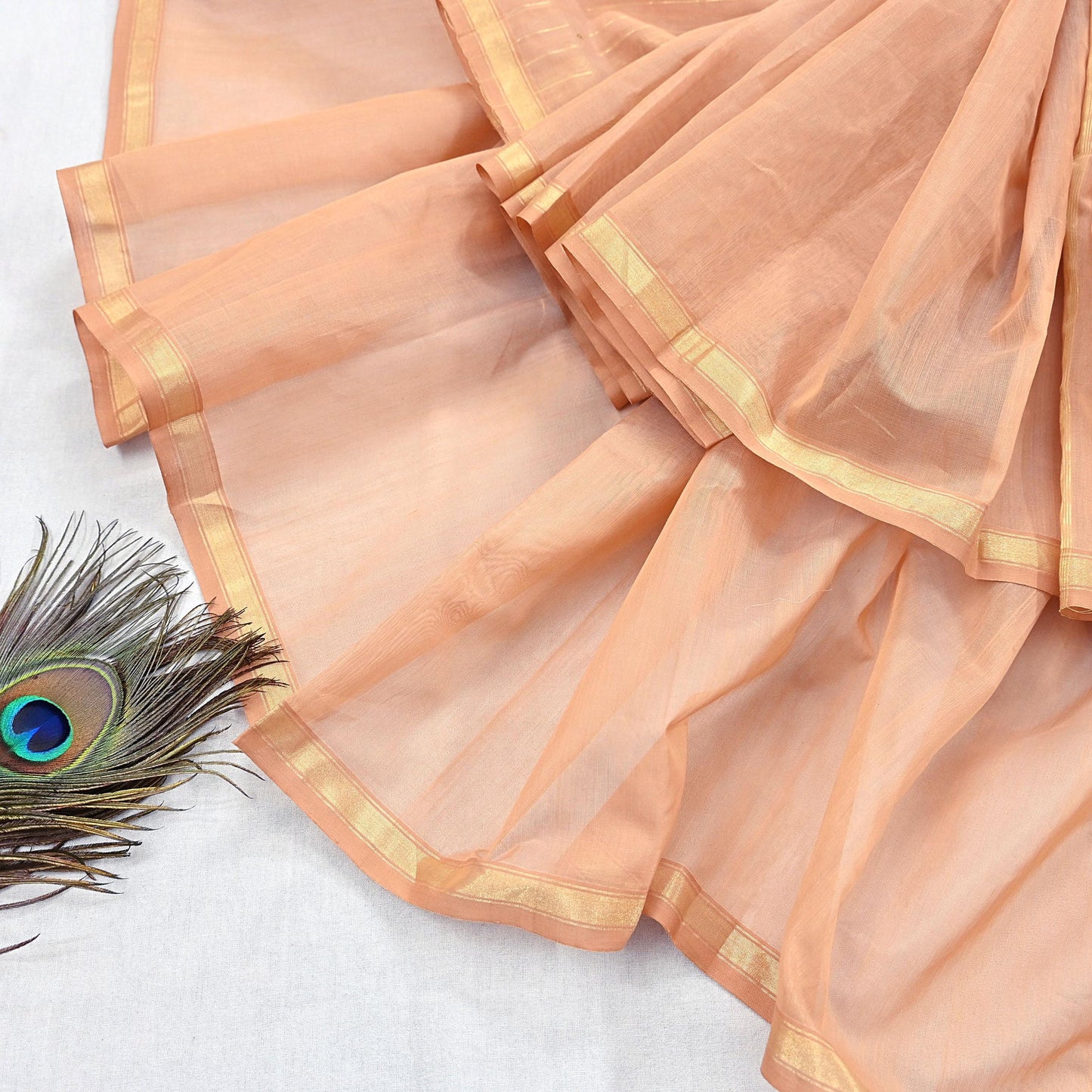 Indian Vintage Dupatta Peach Long Stole Printed Woven Chanderi Cotton Scarves Veil Golden Zari Soft Stripes Design