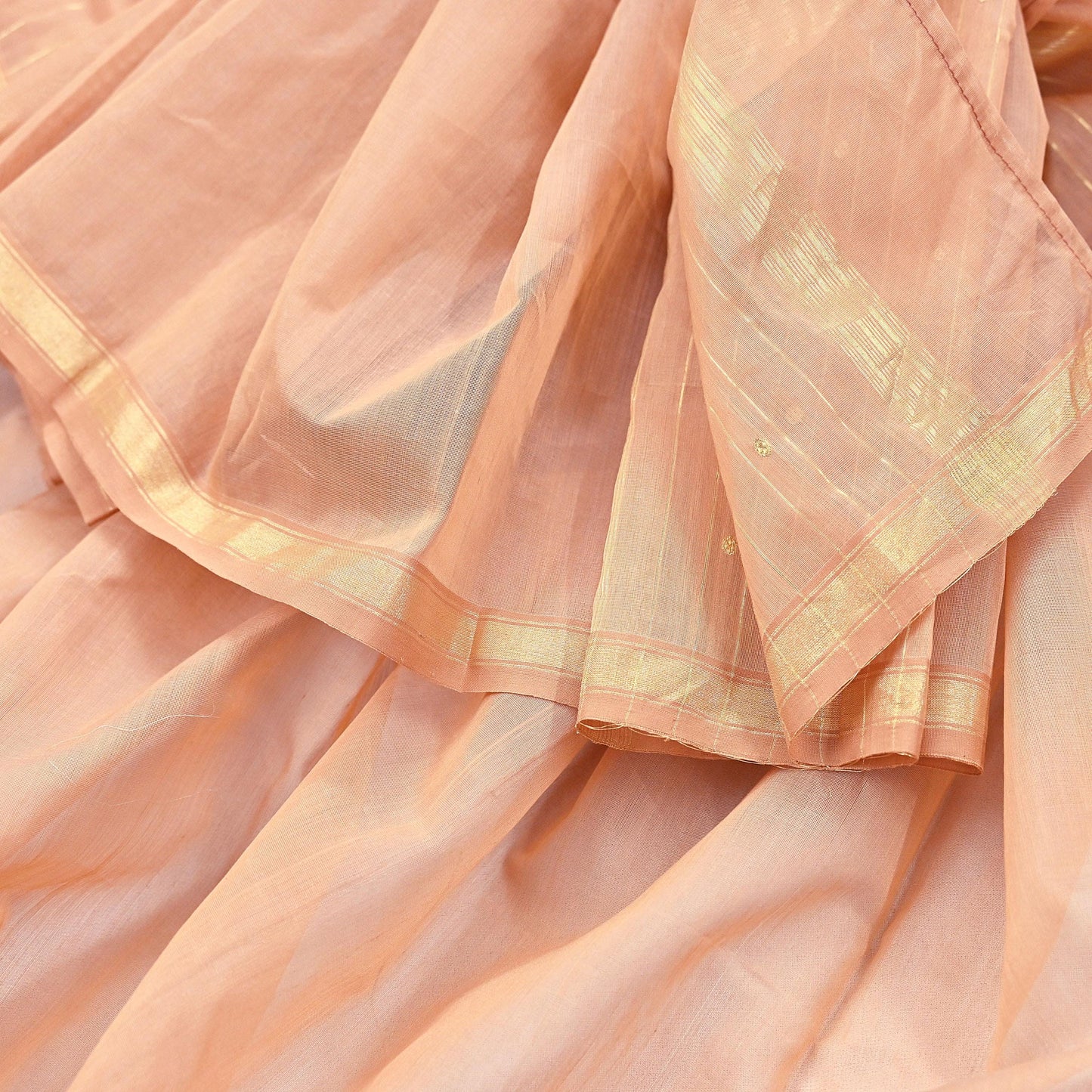 Indian Vintage Dupatta Peach Long Stole Printed Woven Chanderi Cotton Scarves Veil Golden Zari Soft Stripes Design