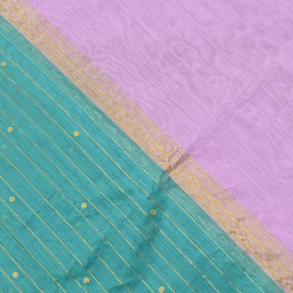 Indian Vintage Dupatta Pink & Green Long Stole Printed Woven Chanderi Cotton Scarves Veil Golden Zari Soft Stripes Design