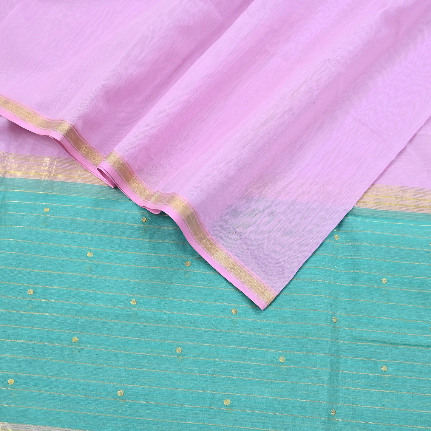 Indian Vintage Dupatta Pink & Green Long Stole Printed Woven Chanderi Cotton Scarves Veil Golden Zari Soft Stripes Design