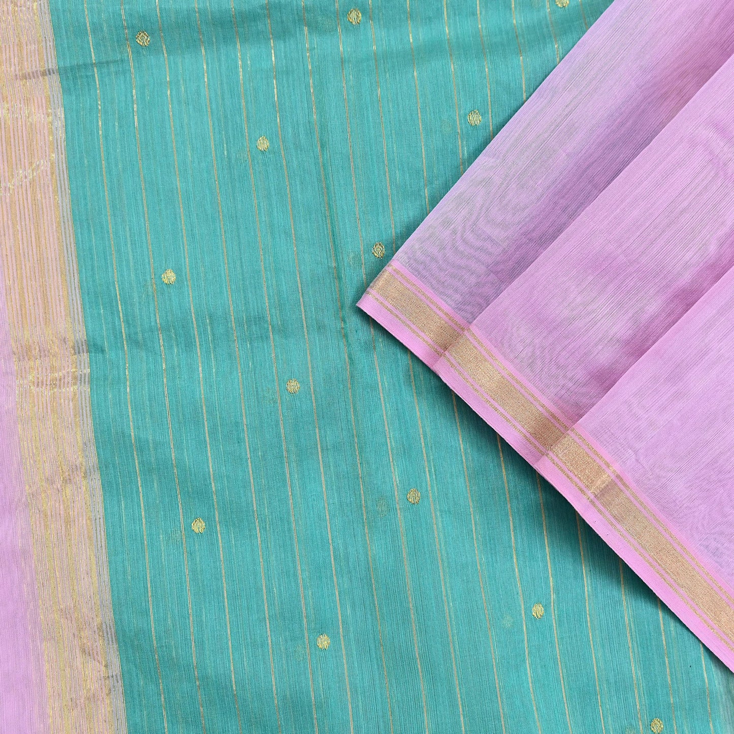 Indian Vintage Dupatta Pink & Green Long Stole Printed Woven Chanderi Cotton Scarves Veil Golden Zari Soft Stripes Design