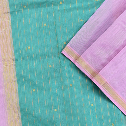 Indian Vintage Dupatta Pink & Green Long Stole Printed Woven Chanderi Cotton Scarves Veil Golden Zari Soft Stripes Design