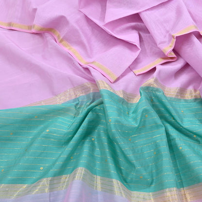Indian Vintage Dupatta Pink & Green Long Stole Printed Woven Chanderi Cotton Scarves Veil Golden Zari Soft Stripes Design