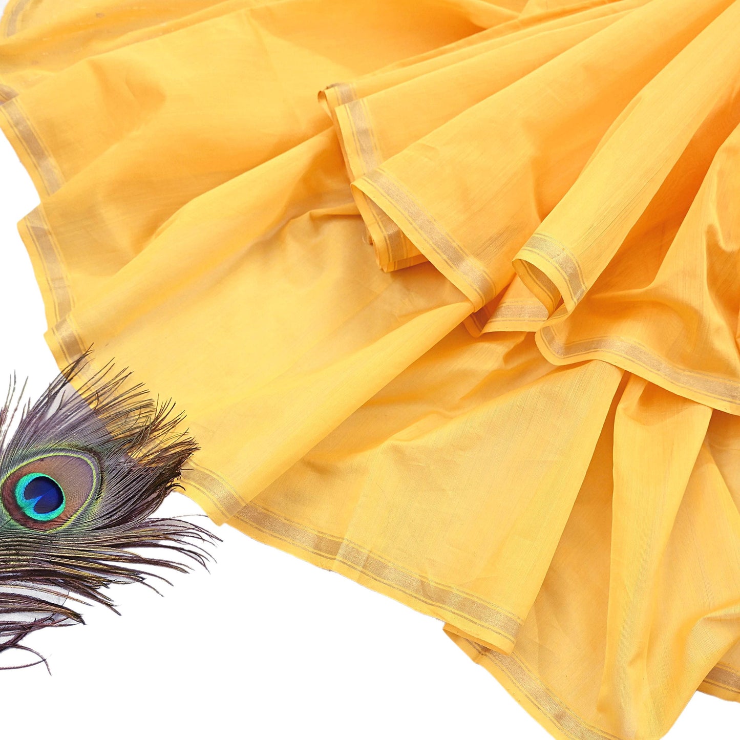 Indian Vintage Dupatta Yellow Long Stole Printed Woven Chanderi Cotton Scarves Veil Golden Zari Soft Stripes Design
