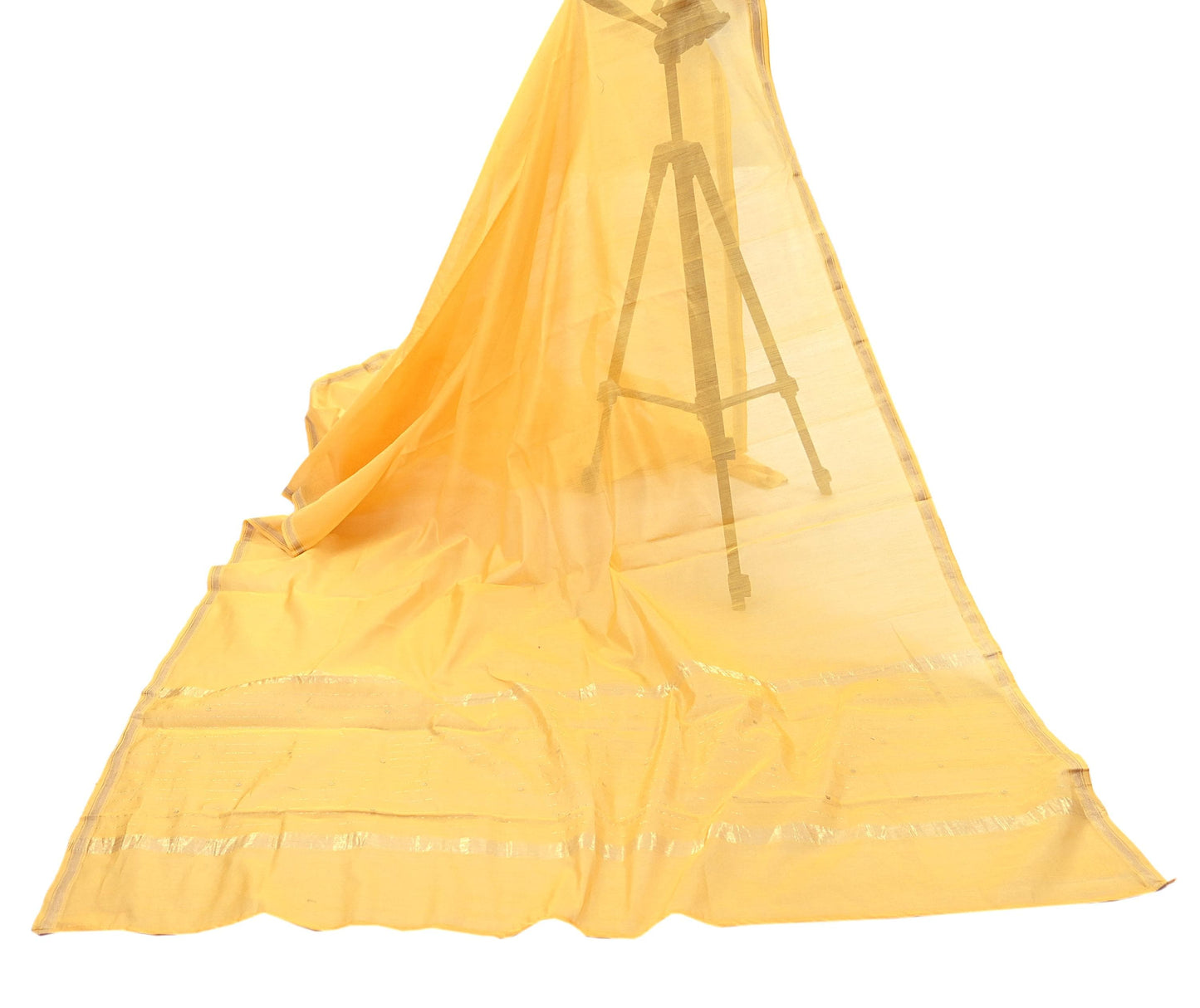 Indian Vintage Dupatta Yellow Long Stole Printed Woven Chanderi Cotton Scarves Veil Golden Zari Soft Stripes Design
