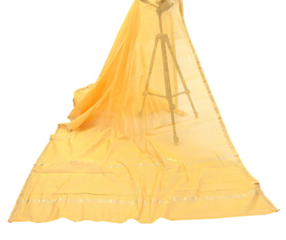 Indian Vintage Dupatta Yellow Long Stole Printed Woven Chanderi Cotton Scarves Veil Golden Zari Soft Stripes Design