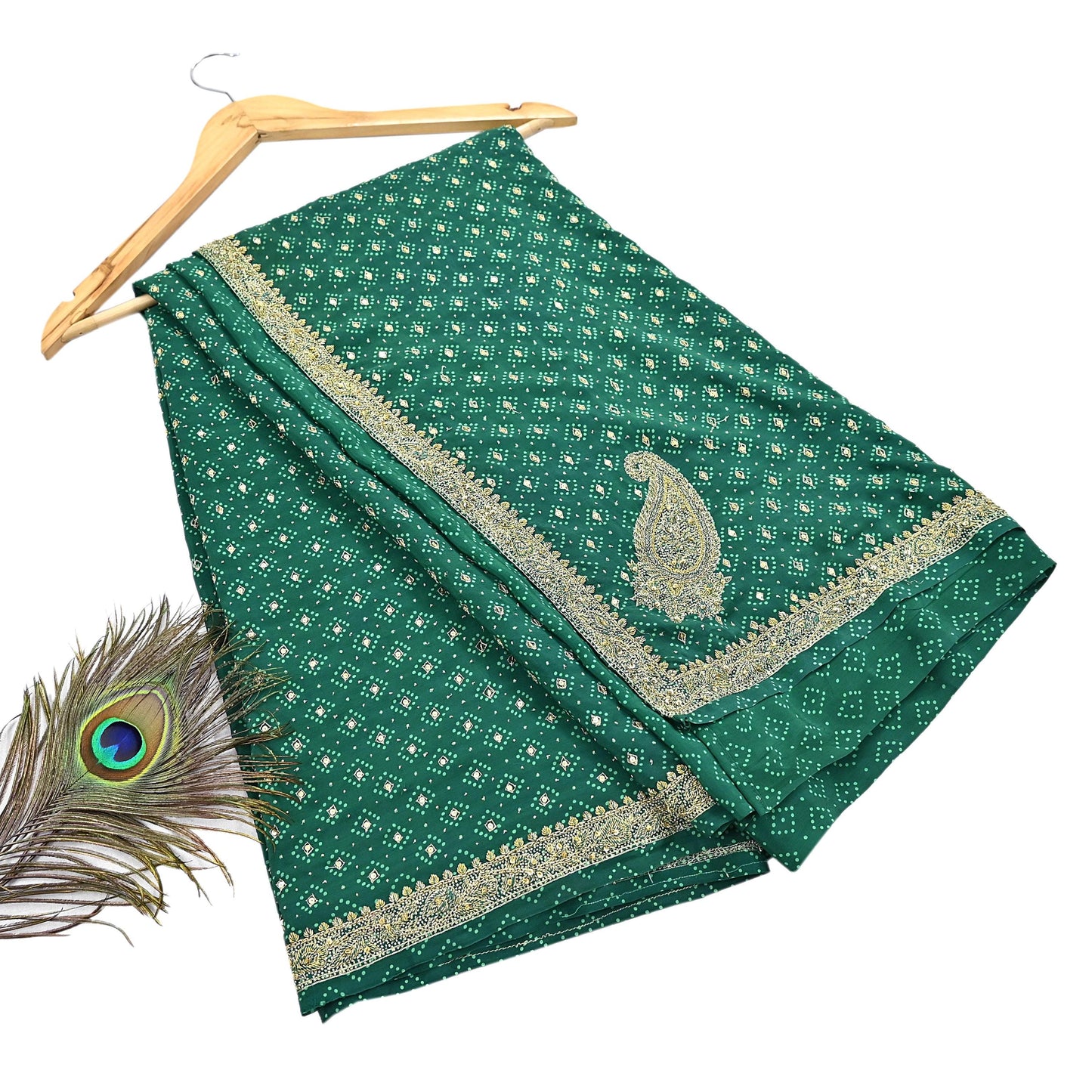 Indian Pre-Owned Sari Green Pure Crepe Silk Pre-owned Hand Embroidered Ritu Kumar Designer Sarees Fabric 5Yd Ethnic Bollywood Party sari