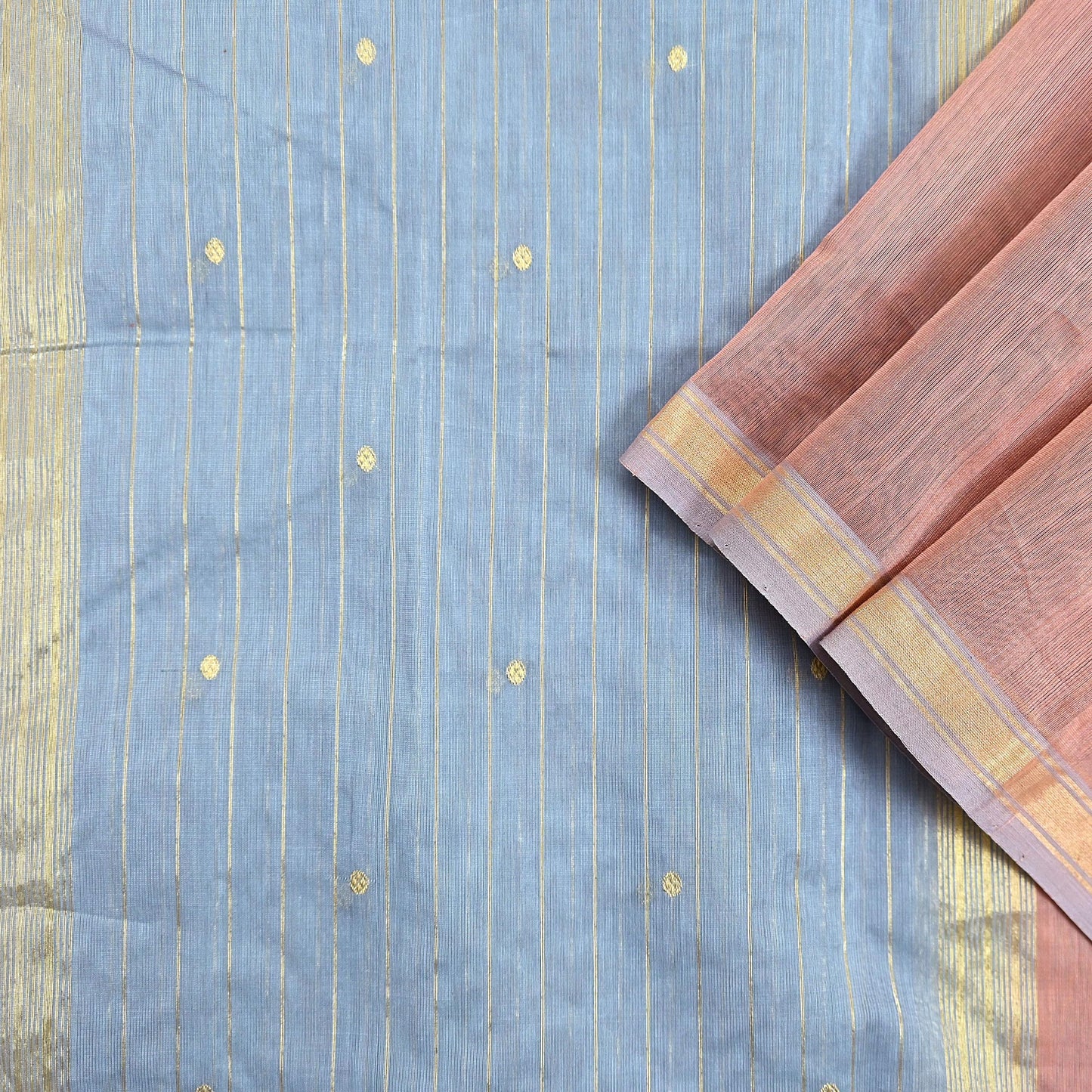Indian Vintage Dupatta Gray & Brown Long Stole Printed Woven Chanderi Cotton Scarves Veil Golden Zari Soft Stripes Design