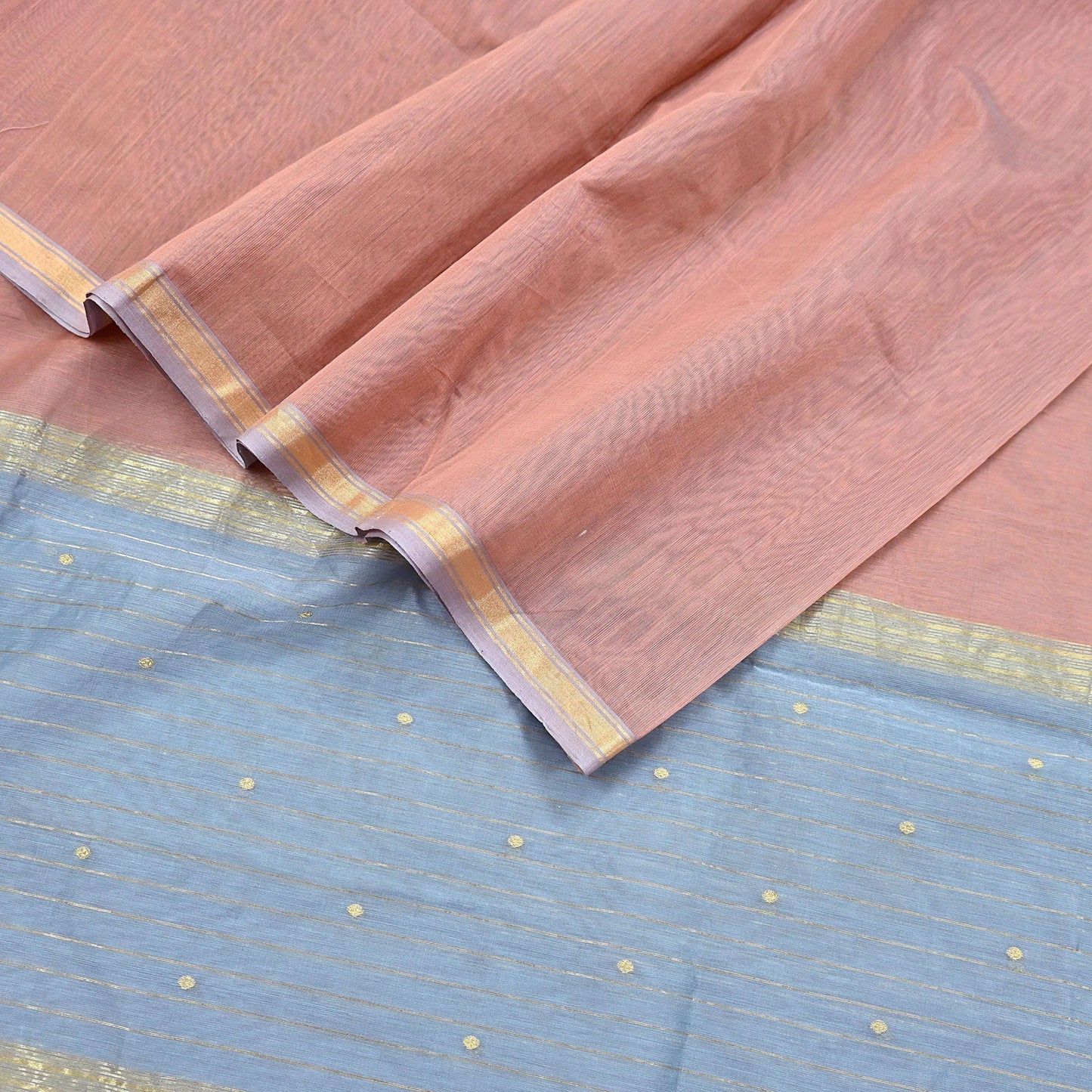 Indian Vintage Dupatta Gray & Brown Long Stole Printed Woven Chanderi Cotton Scarves Veil Golden Zari Soft Stripes Design