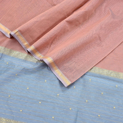 Indian Vintage Dupatta Gray & Brown Long Stole Printed Woven Chanderi Cotton Scarves Veil Golden Zari Soft Stripes Design