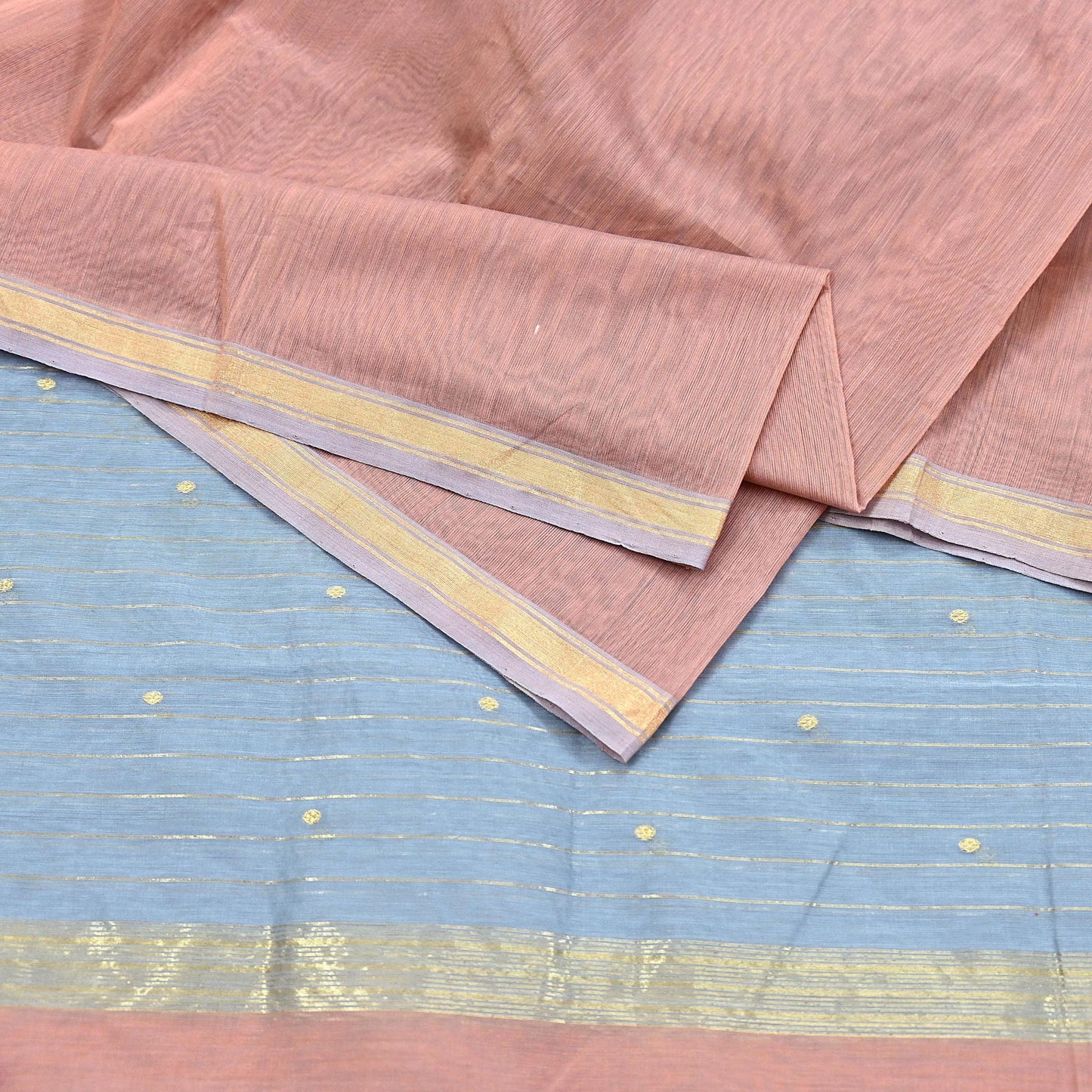 Indian Vintage Dupatta Gray & Brown Long Stole Printed Woven Chanderi Cotton Scarves Veil Golden Zari Soft Stripes Design