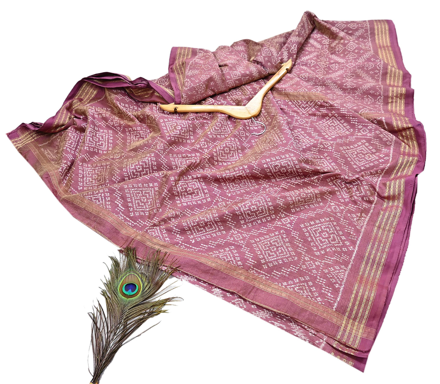 Indian Vintage Saree Golden Pink Pure Silk Hand Woven Double Ikat Patola Sari Craft Fabric 5Yard Zari Ethnic Premium Saree