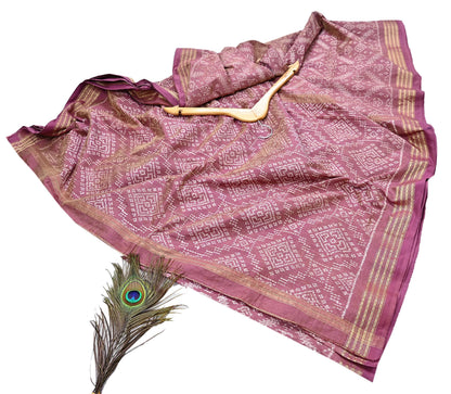 Indian Vintage Saree Golden Pink Pure Silk Hand Woven Double Ikat Patola Sari Craft Fabric 5Yard Zari Ethnic Premium Saree