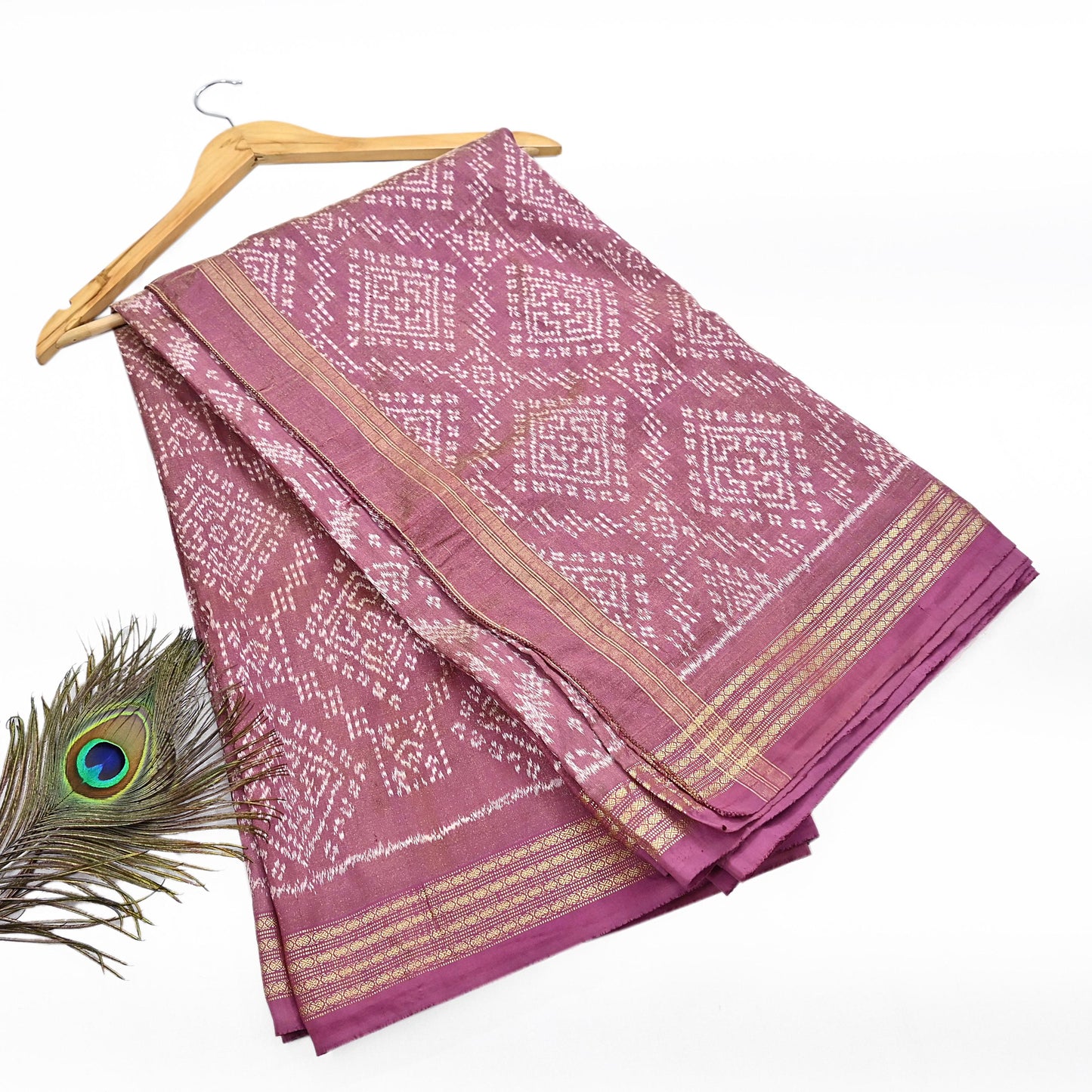 Indian Vintage Saree Golden Pink Pure Silk Hand Woven Double Ikat Patola Sari Craft Fabric 5Yard Zari Ethnic Premium Saree