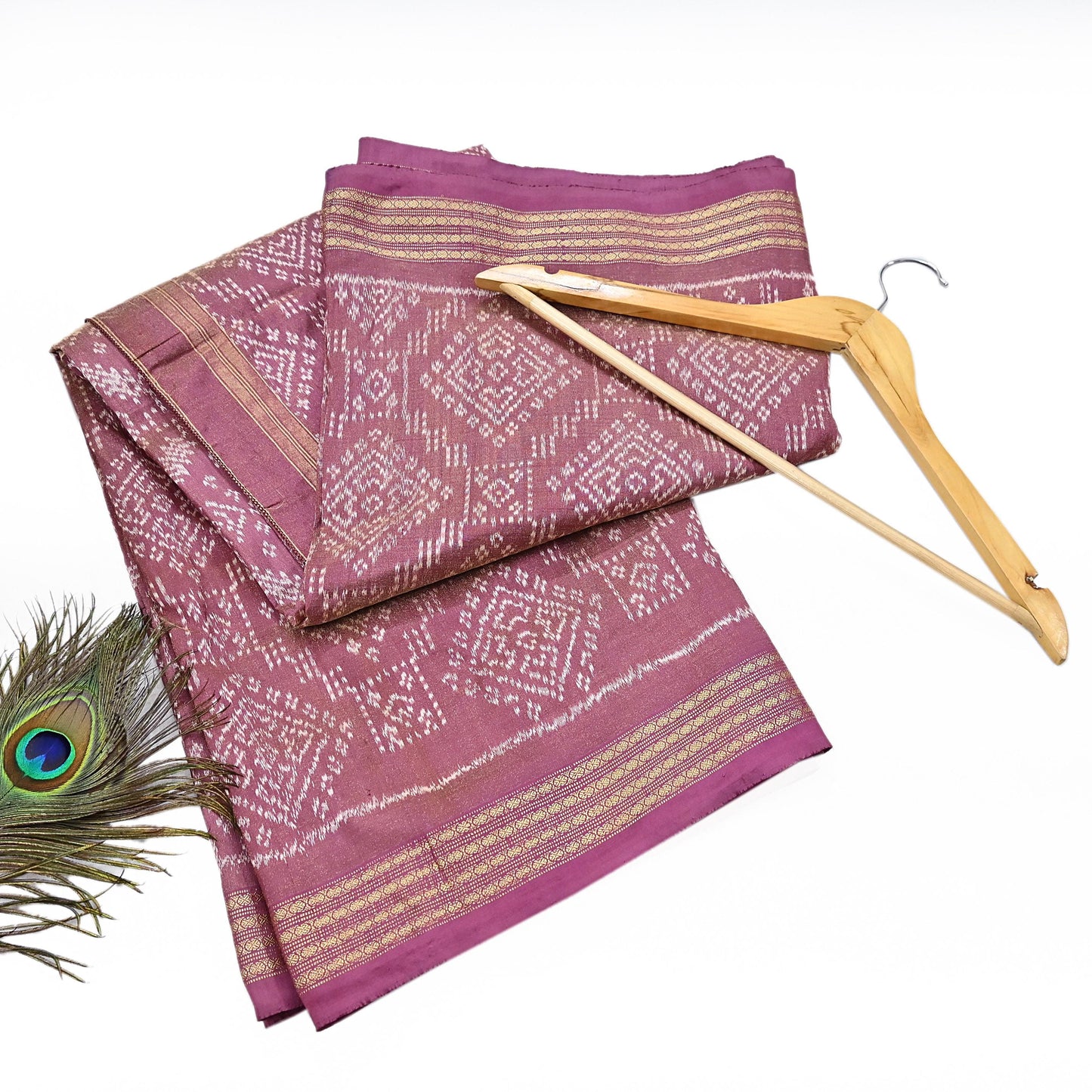 Indian Vintage Saree Golden Pink Pure Silk Hand Woven Double Ikat Patola Sari Craft Fabric 5Yard Zari Ethnic Premium Saree