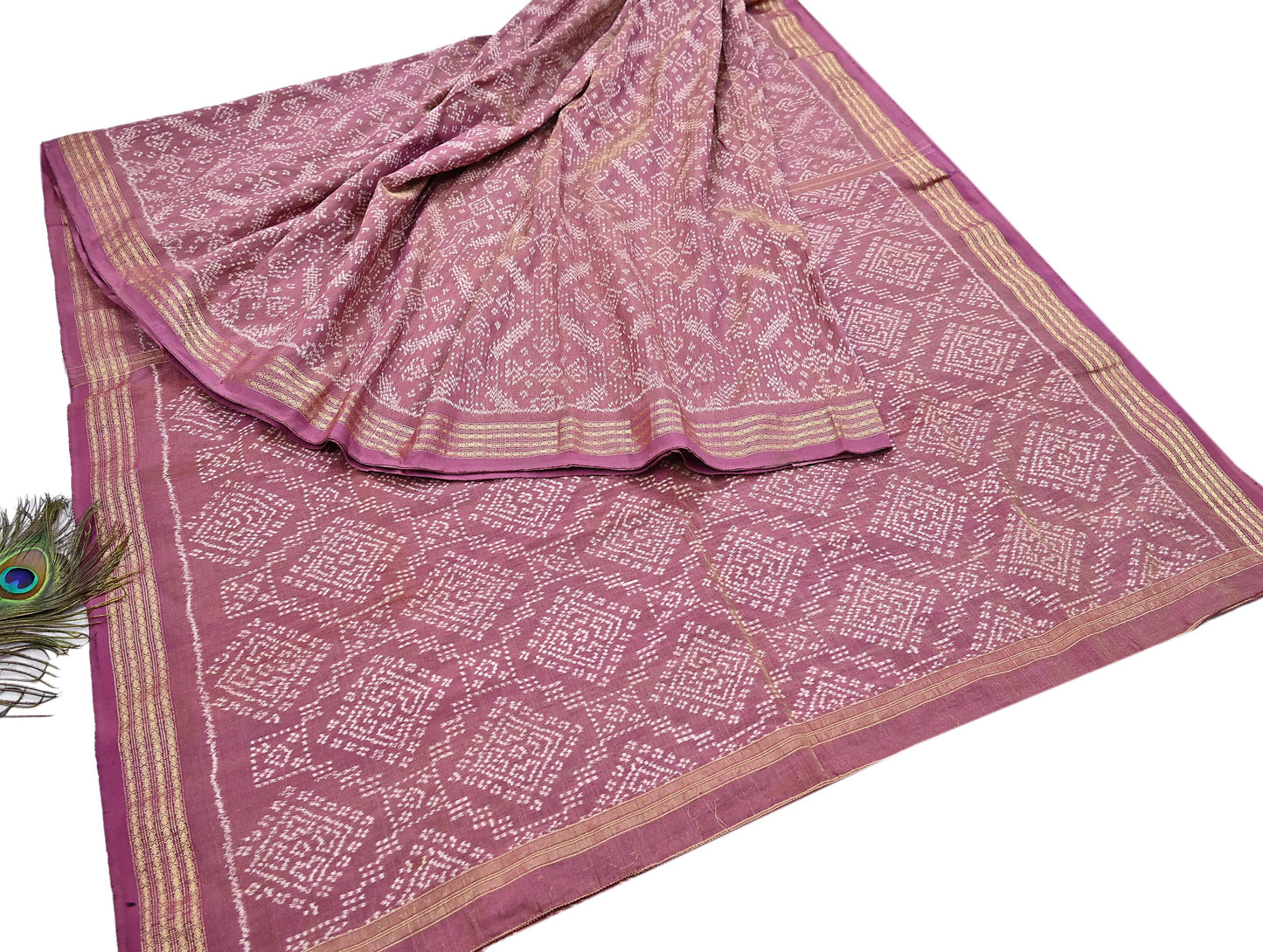 Indian Vintage Saree Golden Pink Pure Silk Hand Woven Double Ikat Patola Sari Craft Fabric 5Yard Zari Ethnic Premium Saree