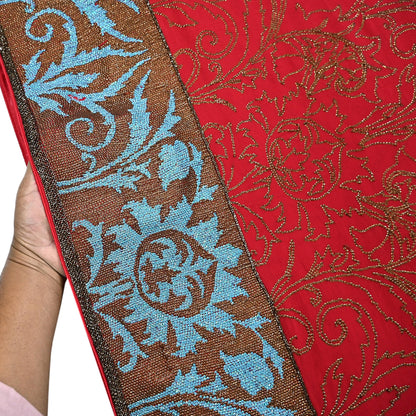 Indian Pre-owned Heavy Sari Red Pure Georgette Silk Hand Embroidered Sarees Designer Abu Jani 6Yd Sewing Ethnic Sarees