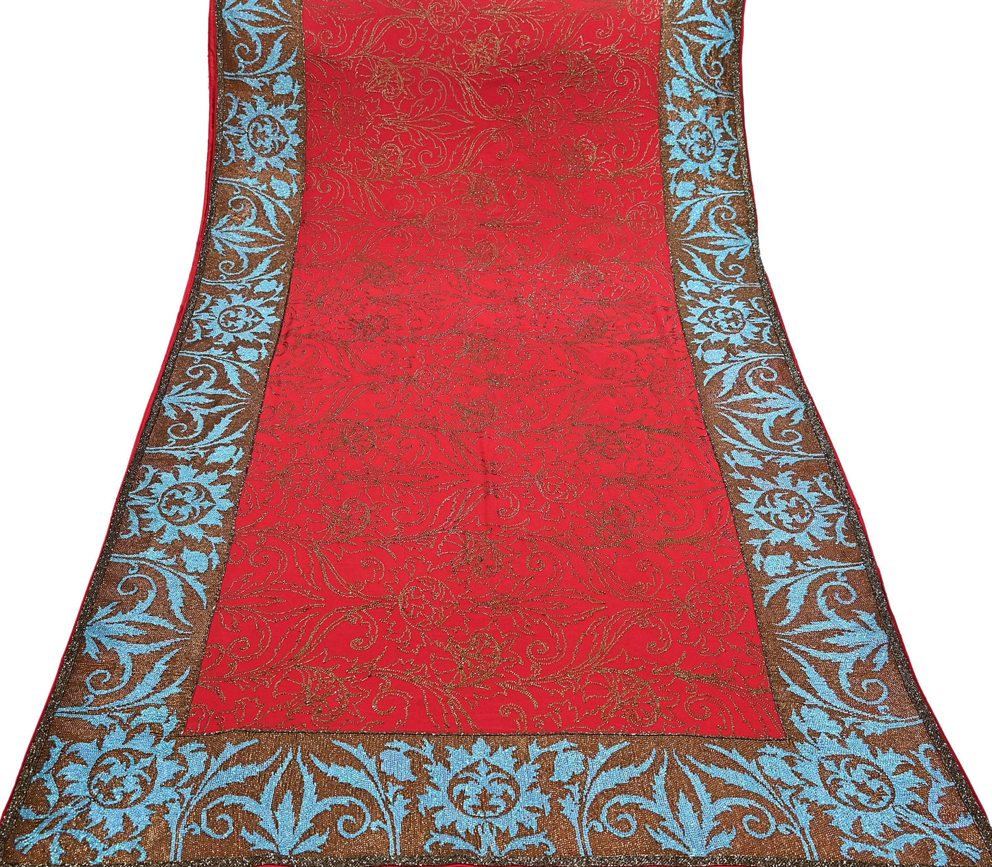 Indian Pre-owned Heavy Sari Red Pure Georgette Silk Hand Embroidered Sarees Designer Abu Jani 6Yd Sewing Ethnic Sarees