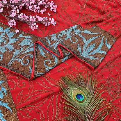 Indian Pre-owned Heavy Sari Red Pure Georgette Silk Hand Embroidered Sarees Designer Abu Jani 6Yd Sewing Ethnic Sarees