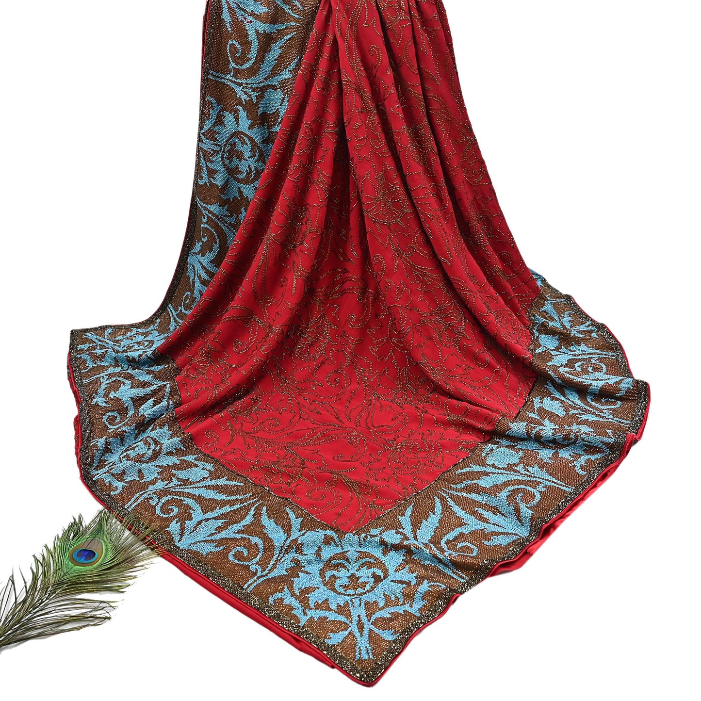 Indian Pre-owned Heavy Sari Red Pure Georgette Silk Hand Embroidered Sarees Designer Abu Jani 6Yd Sewing Ethnic Sarees